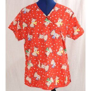 Womens Red RMF Scrubs XS Baby Reindeer Christmas Medical Top VTG Shirt